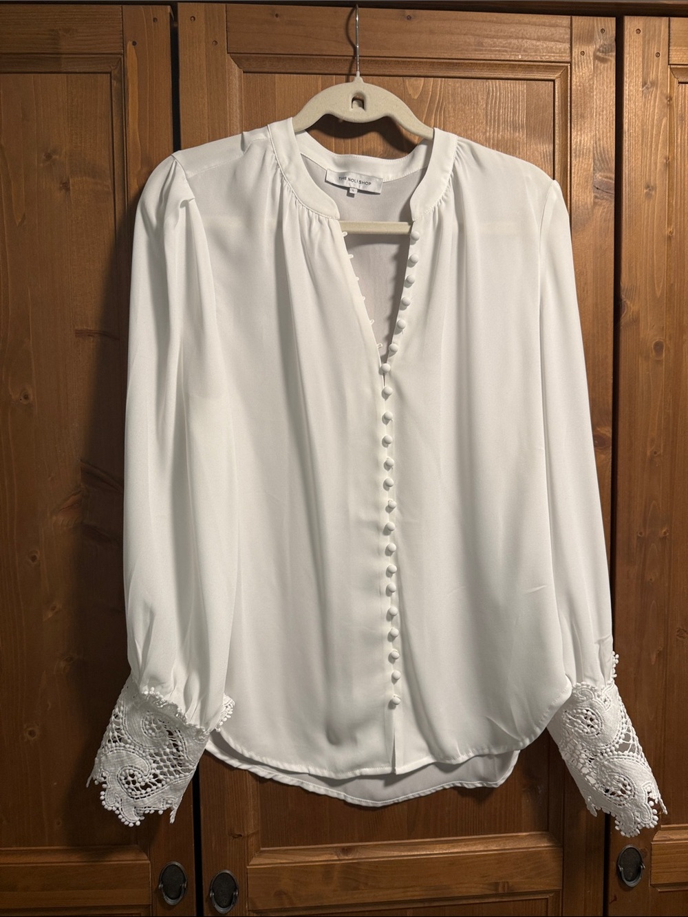 The Noli Shop white Lace-Cuff Button Front Blouse